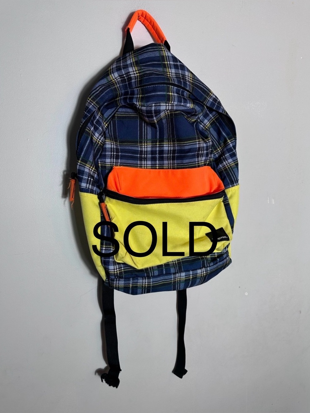 SOLD Plaid Backpack with Neon Orange & Yellow Front Pouch